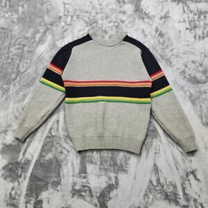 Vintage 70s John Deere Sweater Womens M Gray Rainbow‎ Striped Crew Neck Back Zip